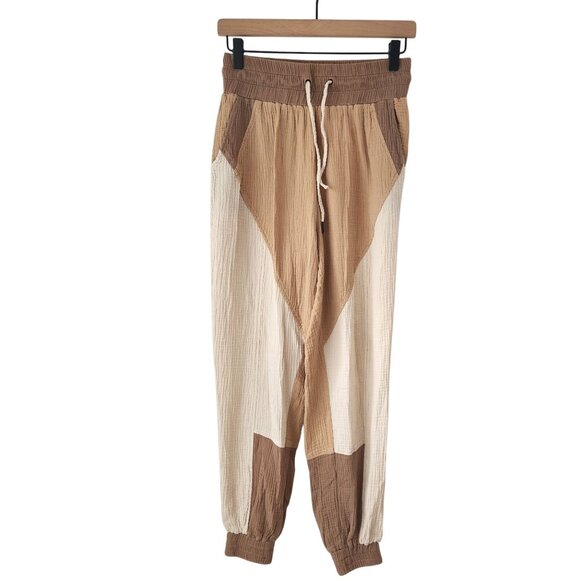 Avec Les Filles Brown Patchwork Muslin Gauzy Pull-On Pants Beachy Trousers S - Picture 1 of 6